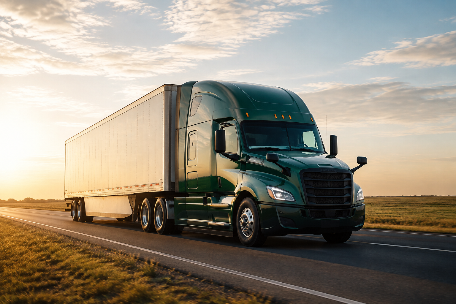 Illustrative unbranded semi-truck traveling along an open road